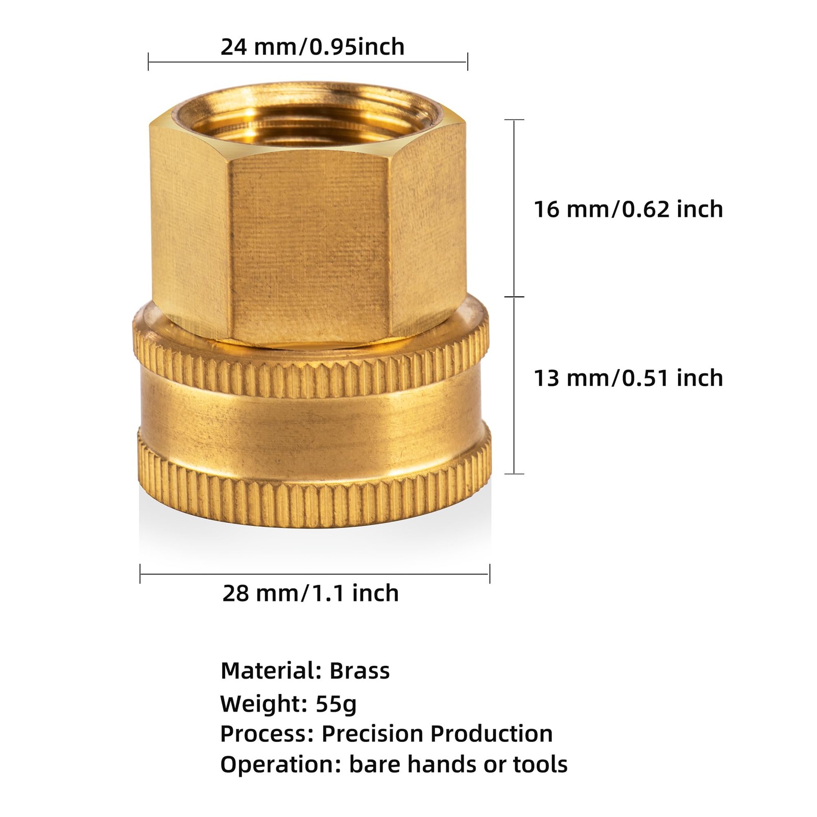 Brass Garden Hose Adapter, 3/4” 3/4 ght female x 1/2 npt female-swivel,