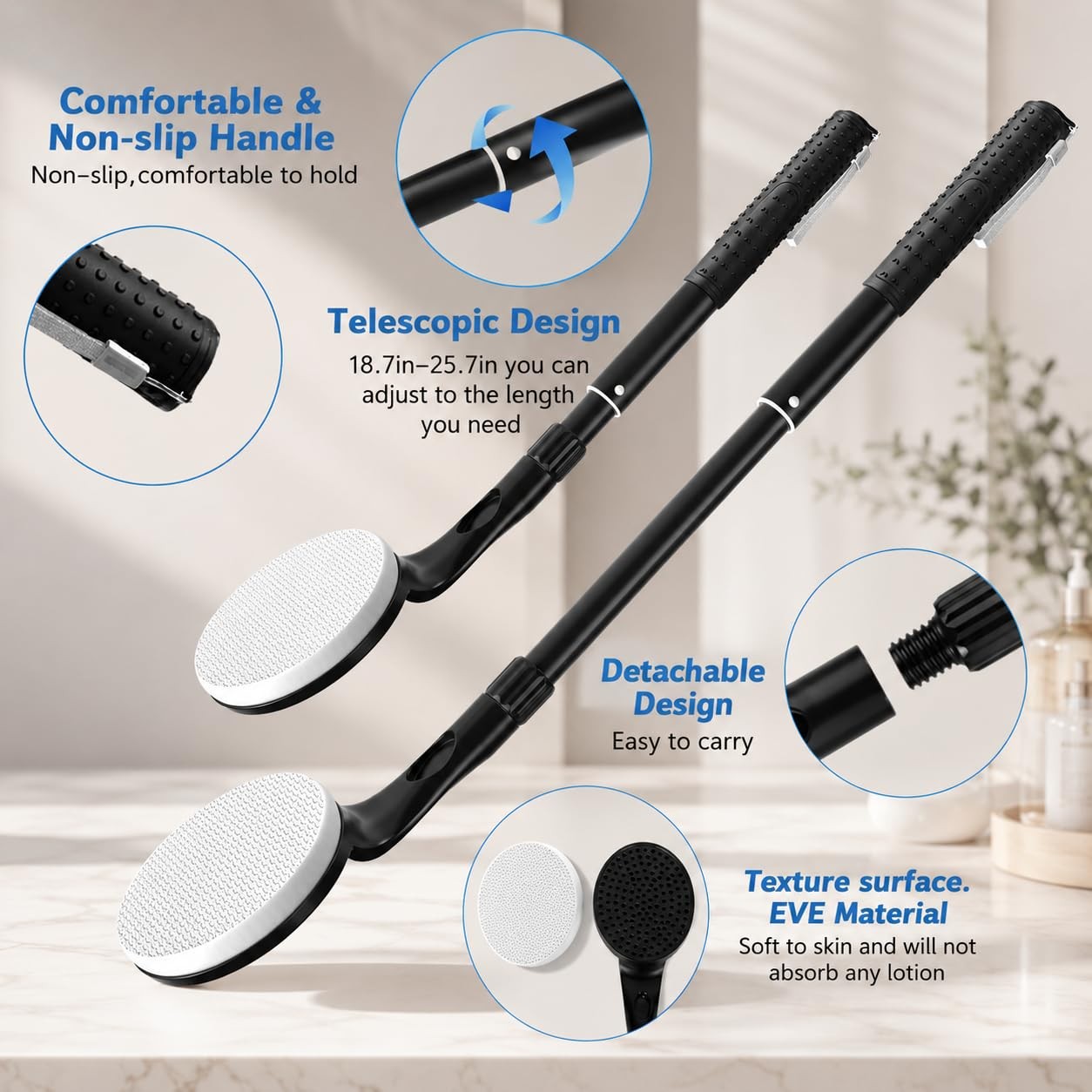 Lotion Applicator for Back, 25.7” Telescopic Back Applicator, Black