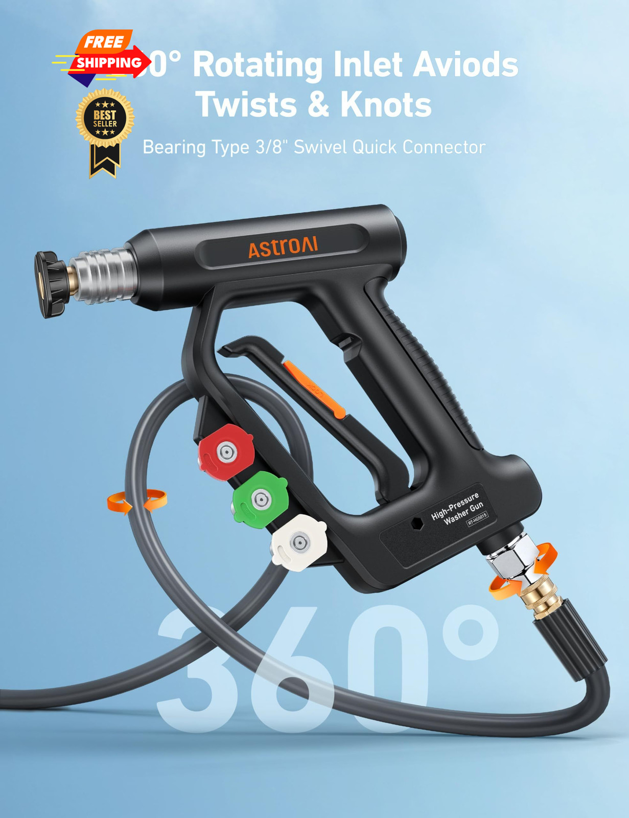 AstroAI Short Pressure Washer Gun with Swivel, Power Short, Black