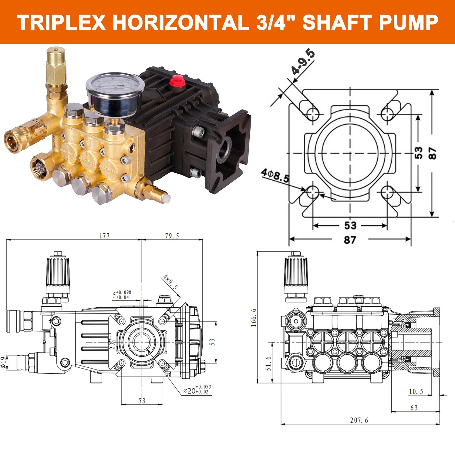 Pressure Power Washer Replacement Triplex Pump 3/4″ Hollow Shaft 7 HP 3000 PSI