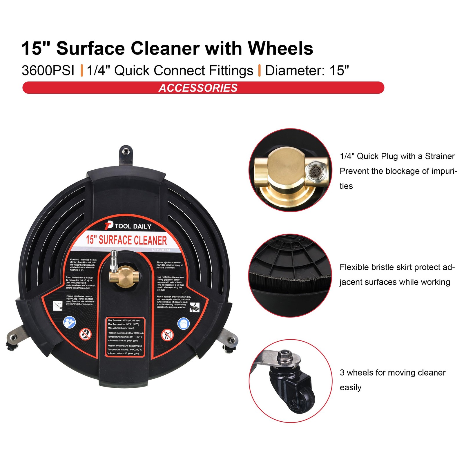 Tool Daily 15 Inch Pressure Washer Surface Cleaner with 3 15 Inch, Black