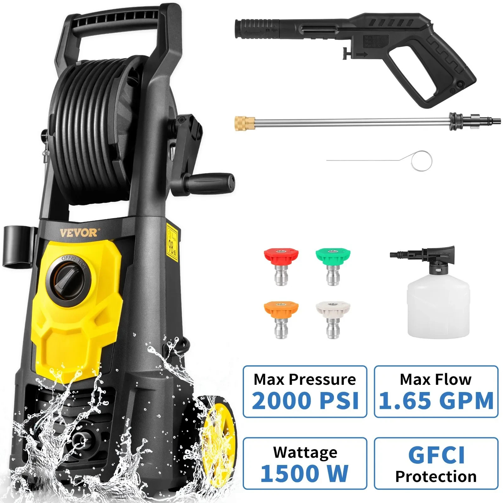 VEVOR Electric Pressure Washer, 2000 PSI, Max 1.65 GPM Power Washer with 30 ft H