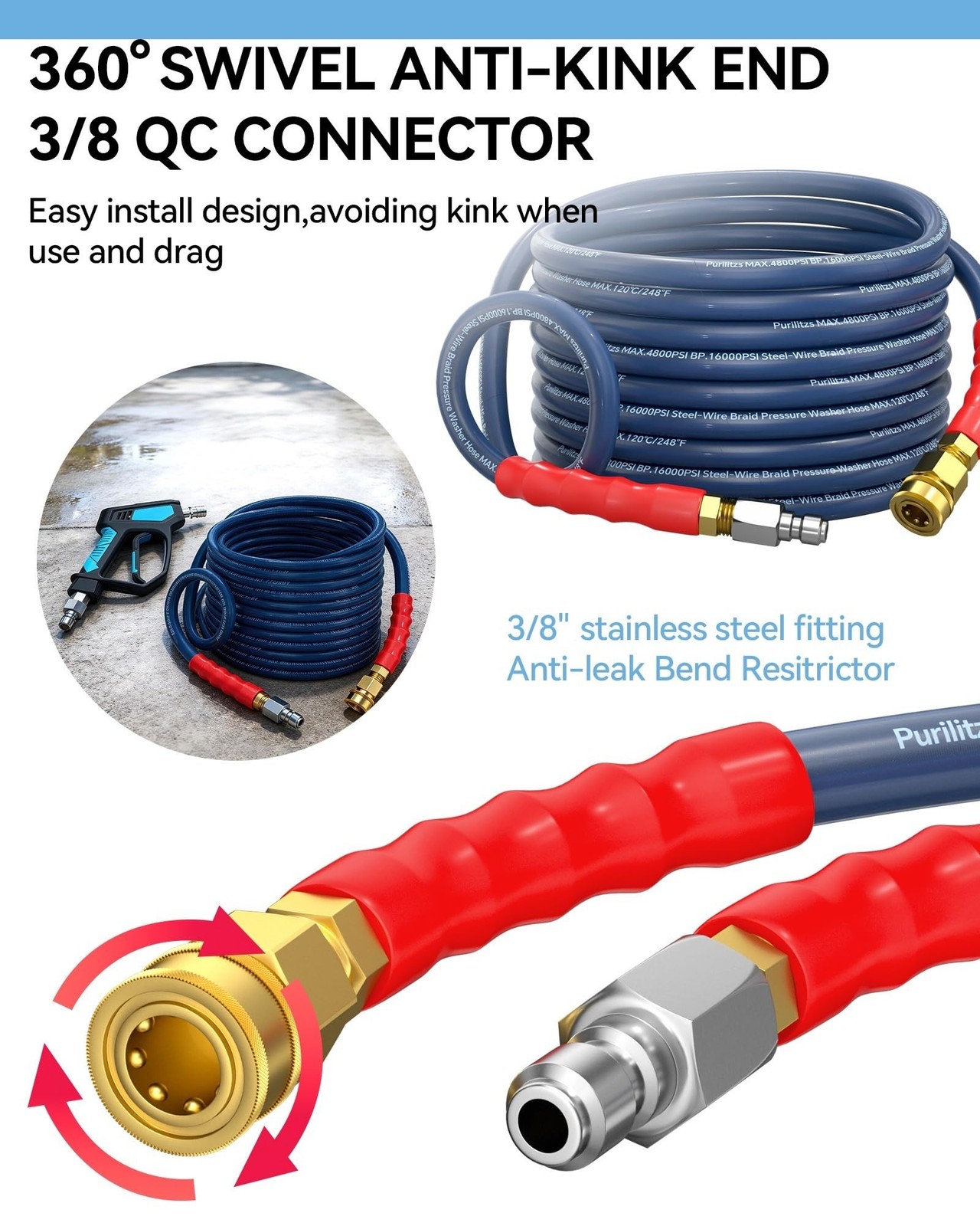 3/8” Pressure Washer Hose Non Marking 4800PSI, 25FT Upgraded 4-Layer Structu…