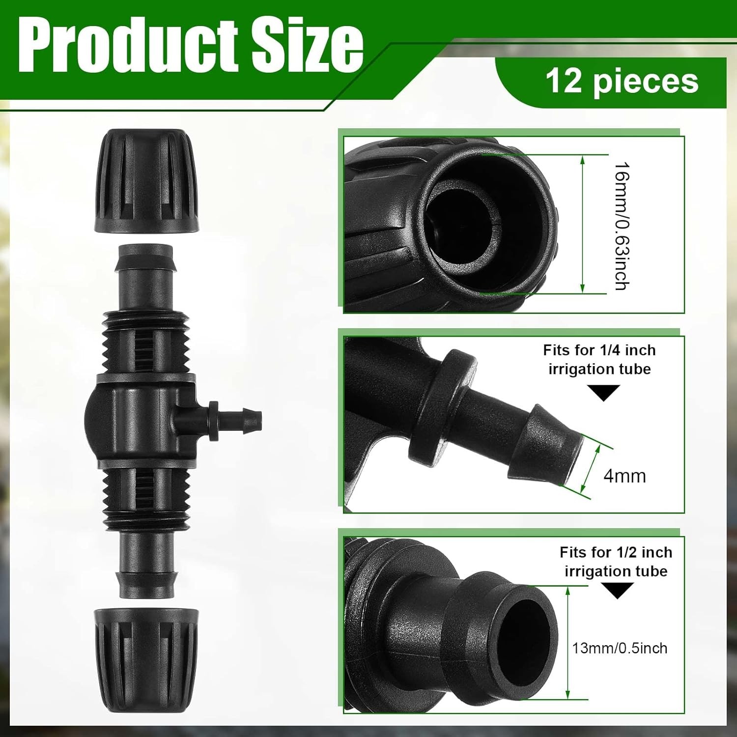 12 Pcs Barbed Tee Drip Irrigation Tubing for 1/2 inch to 1/4 inch, Black