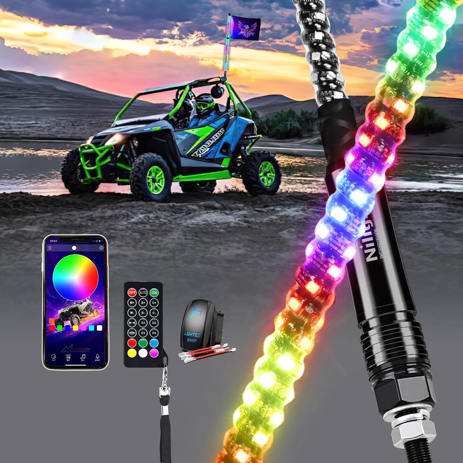 Nilight RGB Whip Light 1PC 4FT Lighted Antenna Whips with Remote & App Control D