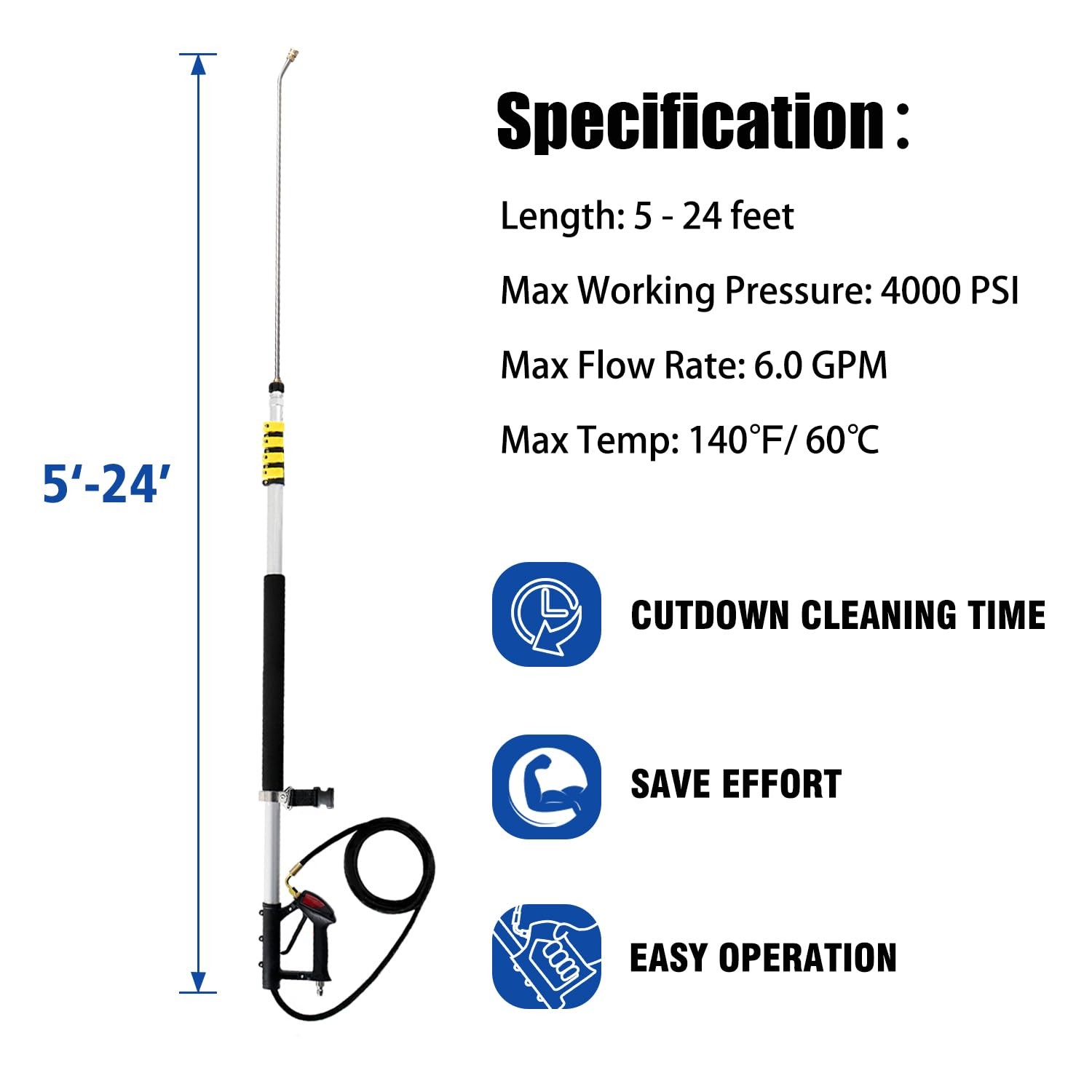 RAYNEL 24FT Telescoping Pressure Washer Extension Wand with Silvery white