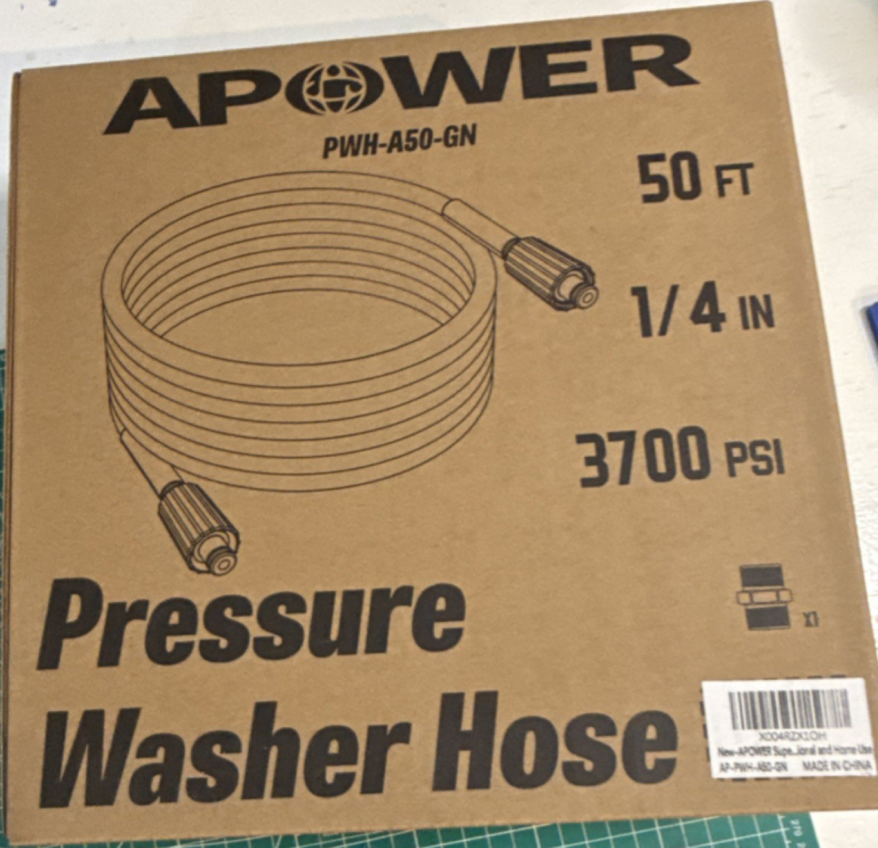 APOWER PWH-A50-GN Pressure Washer Hose 50 ft x 0.25 in 3700 PSI Heavy Duty