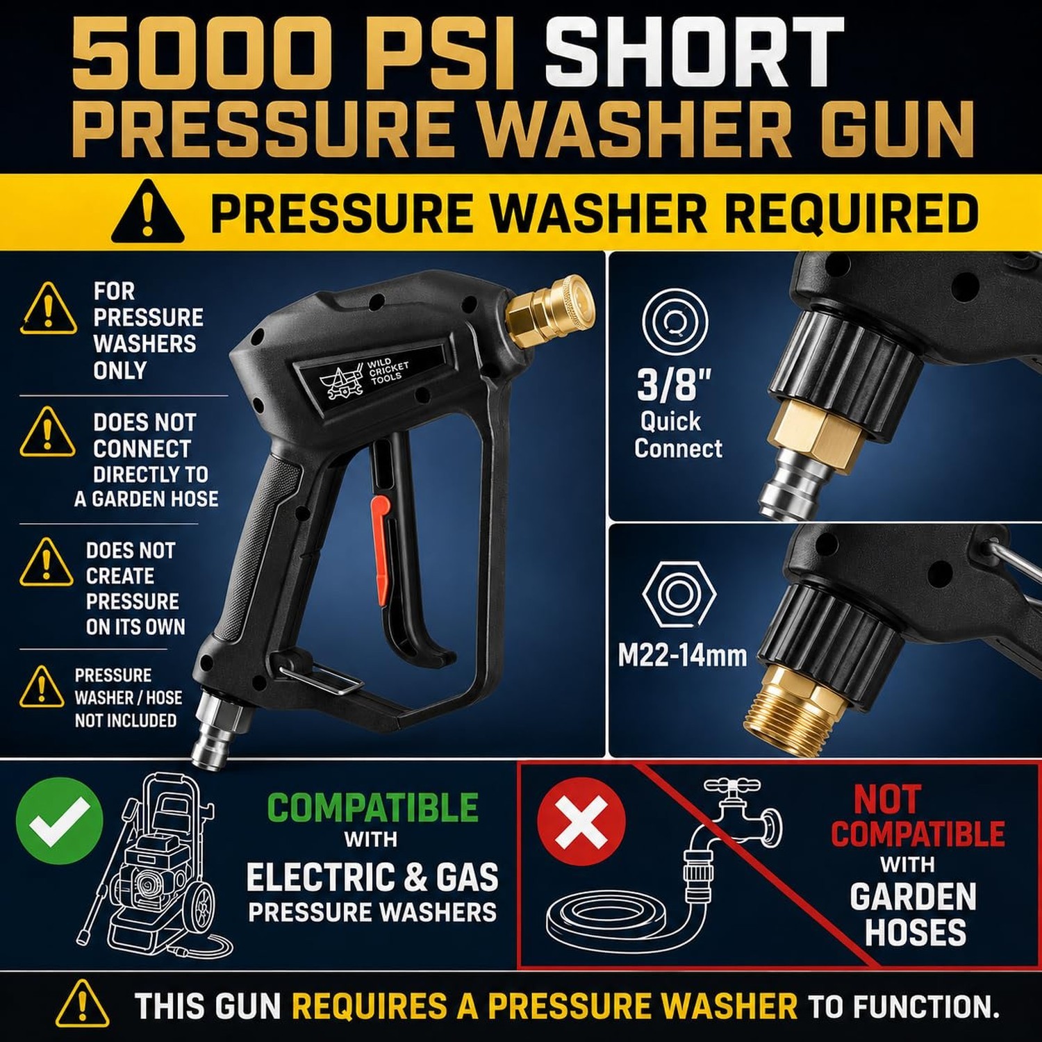 Wild Cricket Tools® Short Pressure Washer Gun 5000 PSI, 3/8″ QC & M22-14mm
