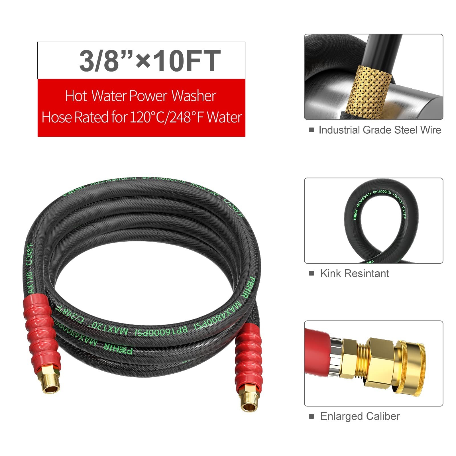 10FT Pressure Washer Whip Hose, 3/8’’ Jumper Hose with Quick Connect