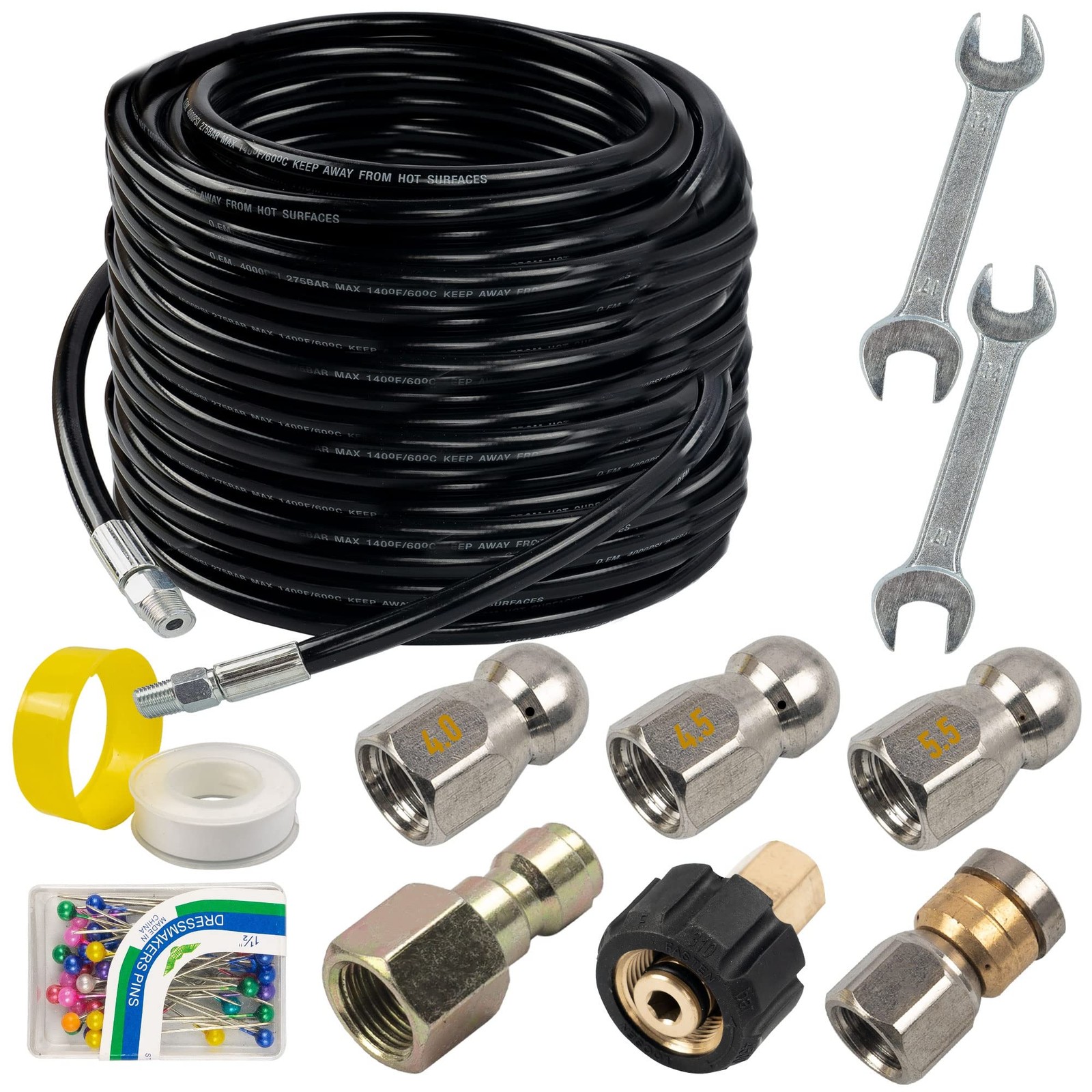 Sewer Jetter Kit 100FT Drain Cleaning Hose 4000PSI Rotating Nozzle 1/4″NPT Black