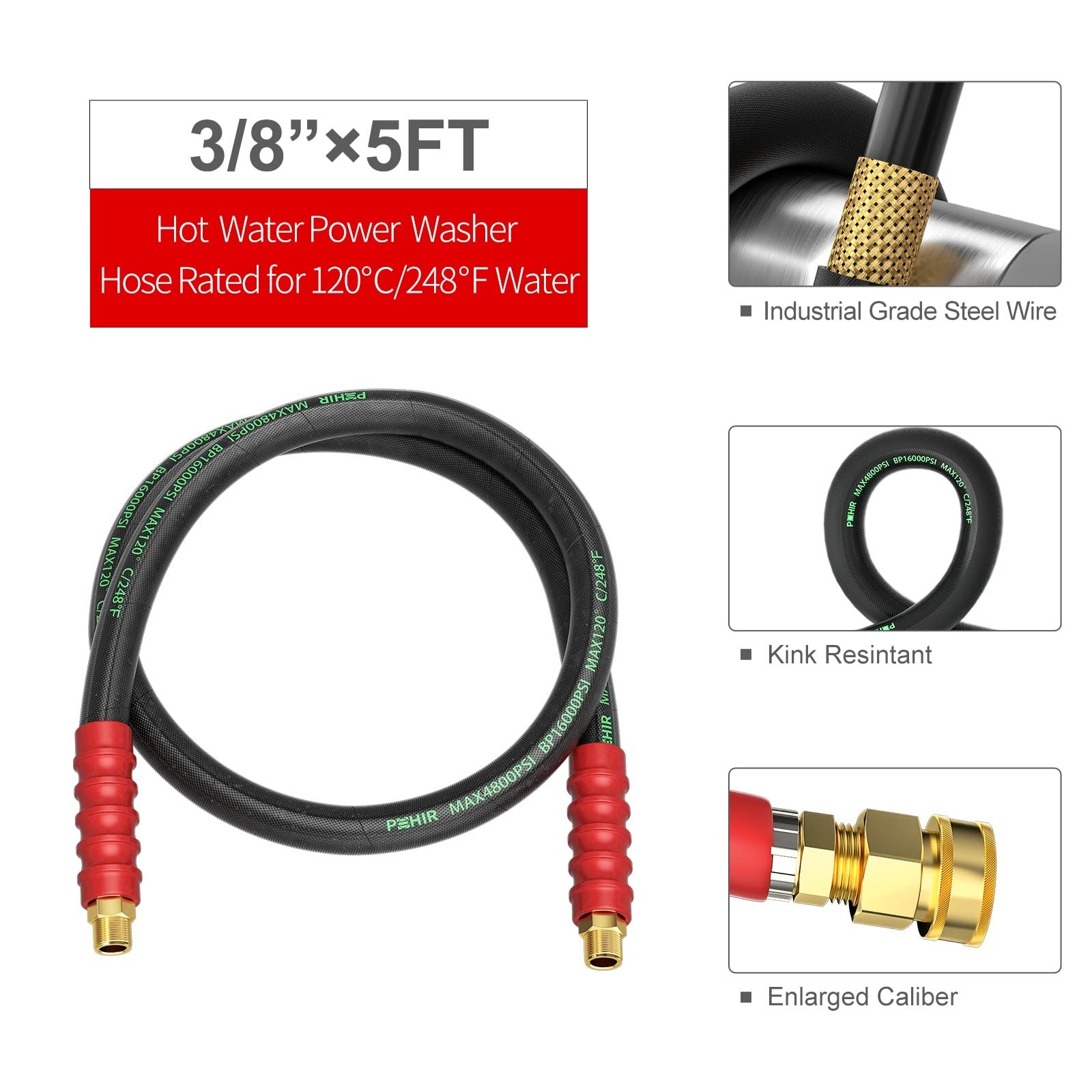 5FT Pressure Washer Whip Hose, 3/8’’ Jumper Hose 4800PSI with Quick